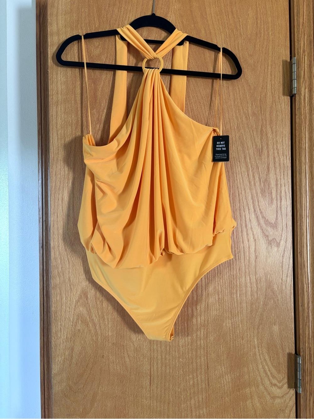 Express Yellow Draped Ring-Halter One-Piece Bodysuit